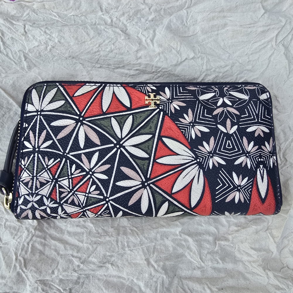Tory Burch Navy, Red, White & Green Floral Zip Wallet